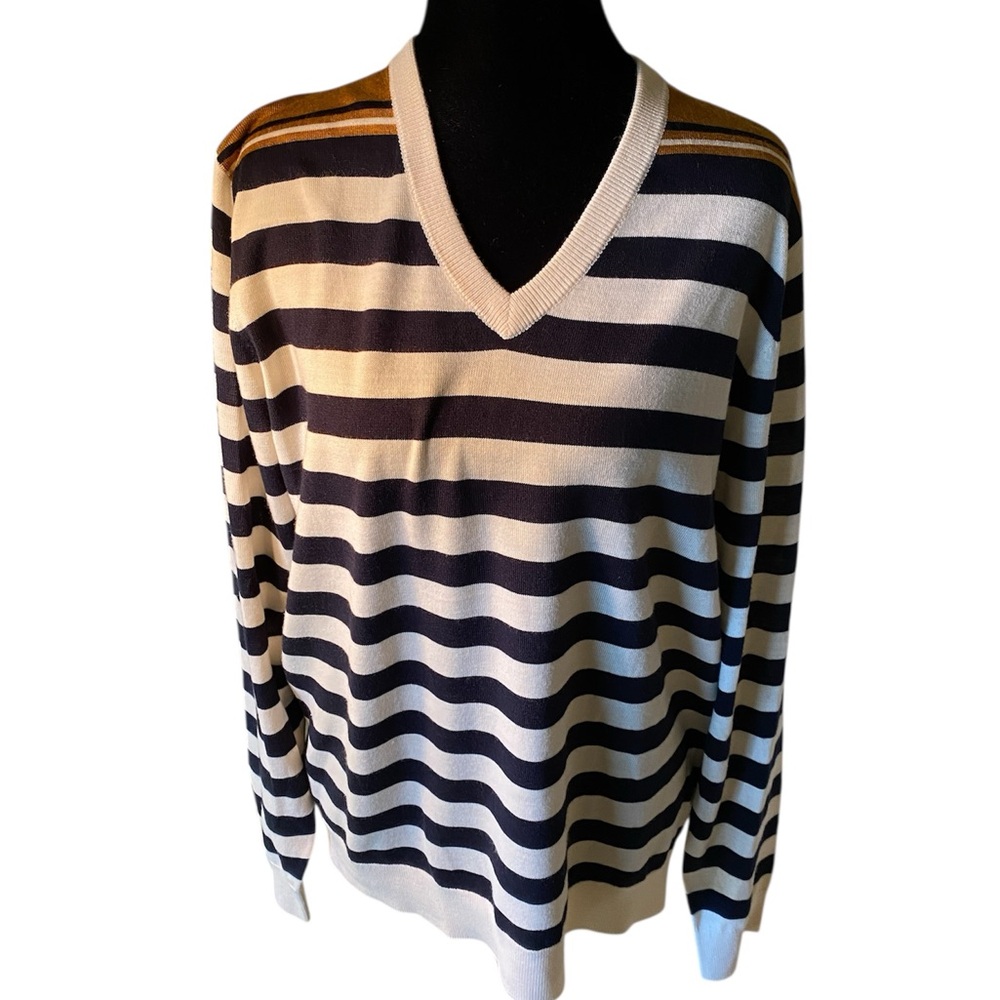 Murano Navy and White Striped V-Neck Sweater